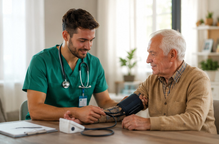Asistent medical Amedra măsoară tensiunea unui pacient vârstnic, acasă, la masă